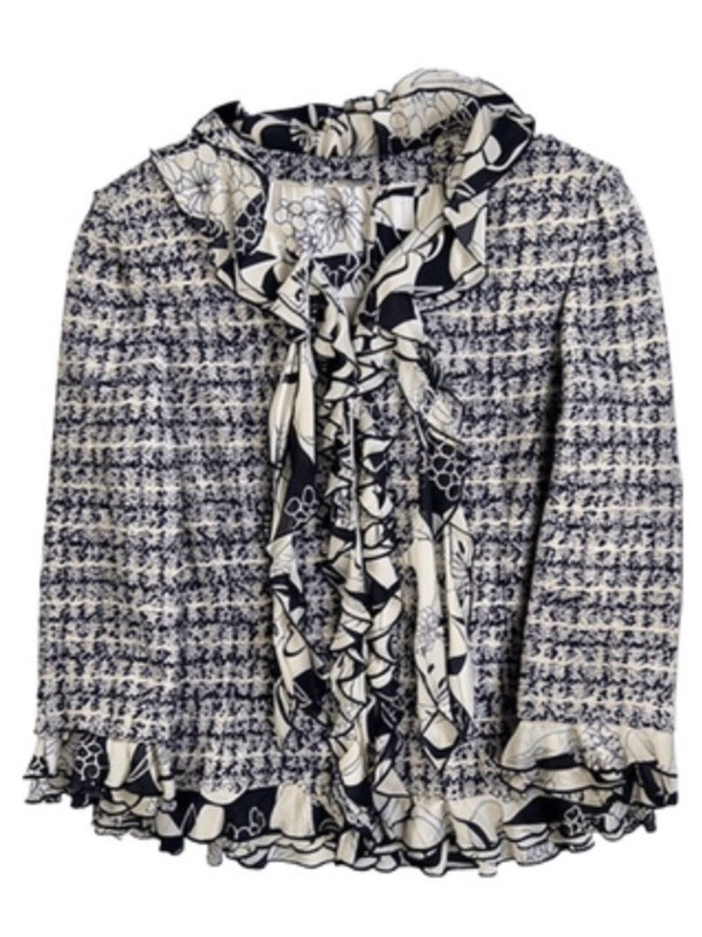St. John Couture Black and Cream Tweed Ruffle Bow Blazer